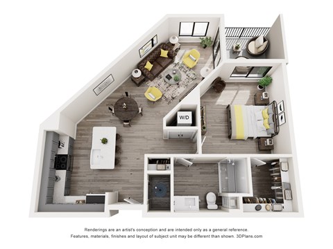 Floor plan for 1 bed, 1 bath, 945 sqft